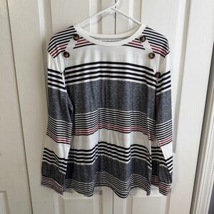 Black gray white striped long sleeve button accent top size XXL